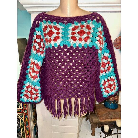UNIQUE VINTAGE FRINGED GRANNY SQUARE BOHO PURPLE TURQUOISE CROCHET SWEATER - Picture 1 of 7